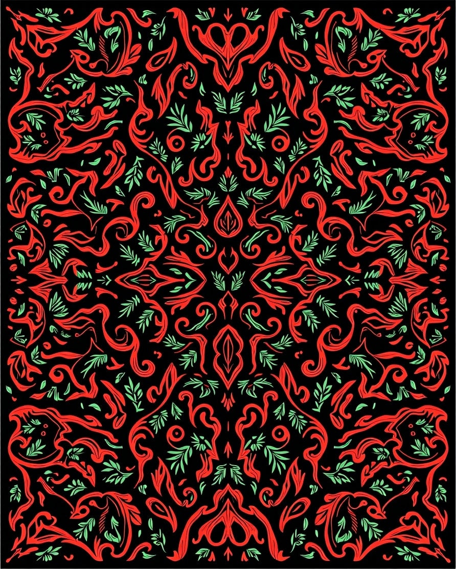 Red Black Blooming Floral Arabesque Rug