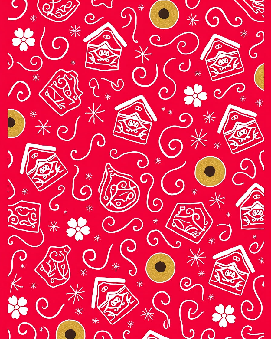 Red White Folk Art Houses Flowers Coin Rug