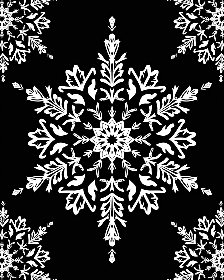 White Snowflake Mandala on Black Rug