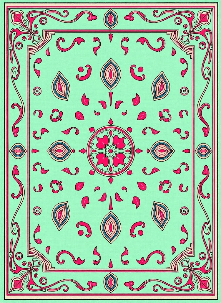Aqua Pink Teal Floral Medallion Border Rug