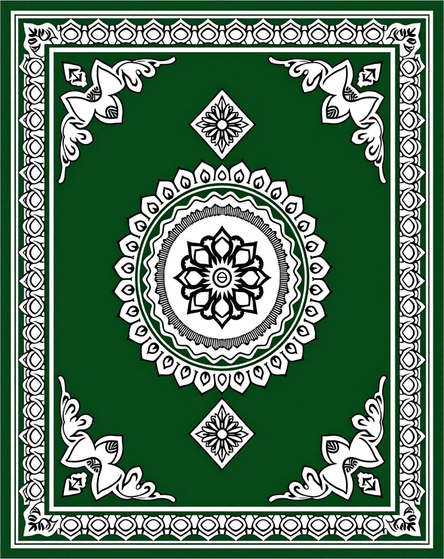 Emerald Green Floral Mandala Border Rug