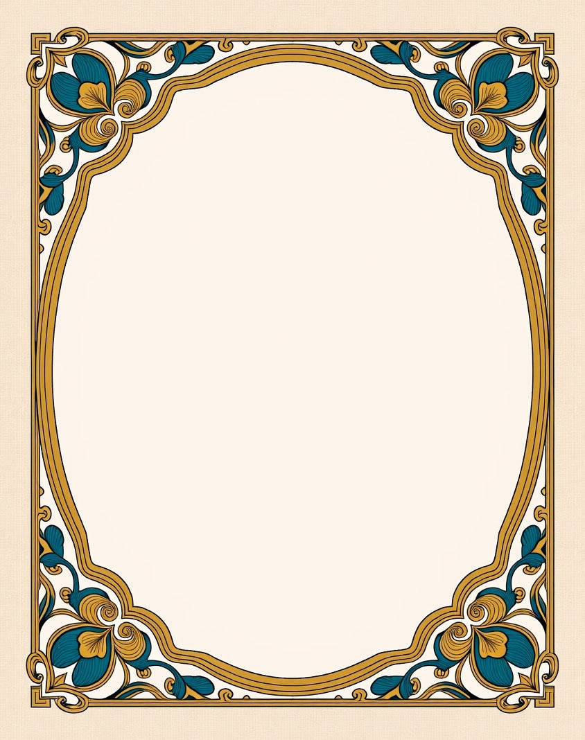 Gold Teal Floral Art Nouveau Frame Rug