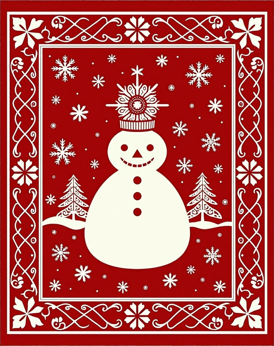Festive Snowman Red Snowflake Frame Rug