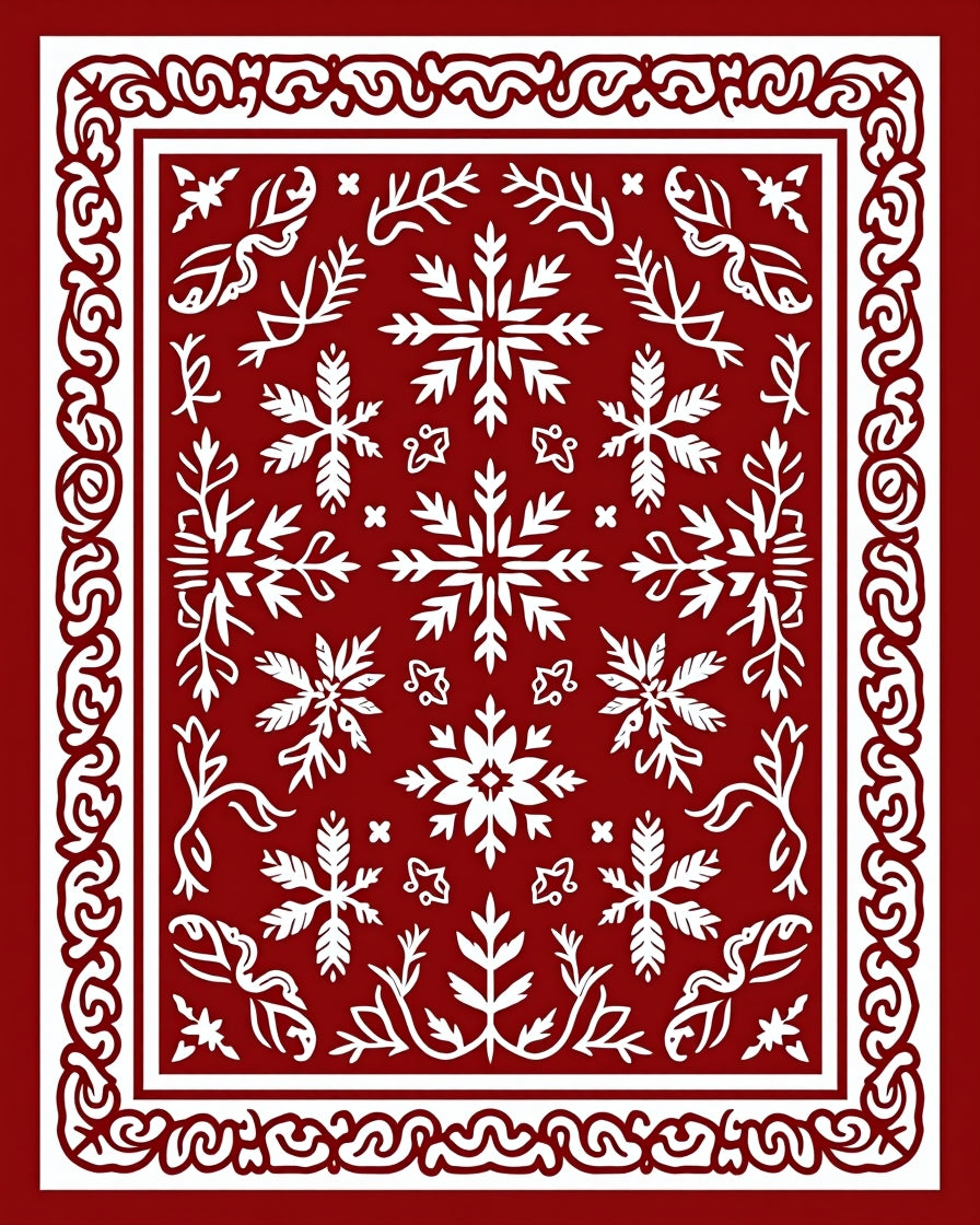 Crimson Snowflake Geometric Border Rug