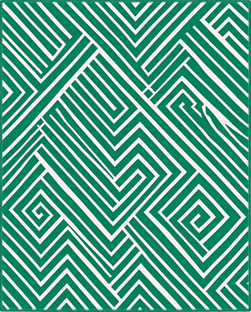 Green and White Geometric Maze Rug