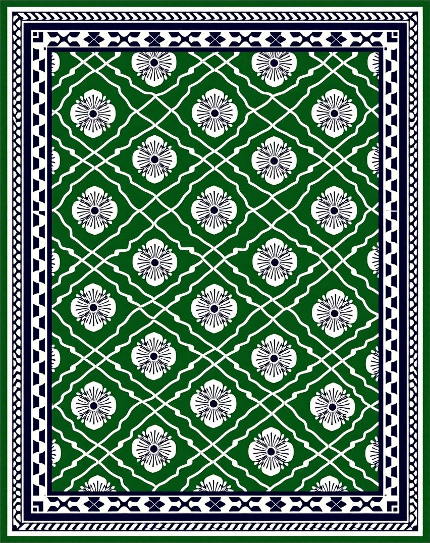 Emerald Green White Floral Lattice Rug