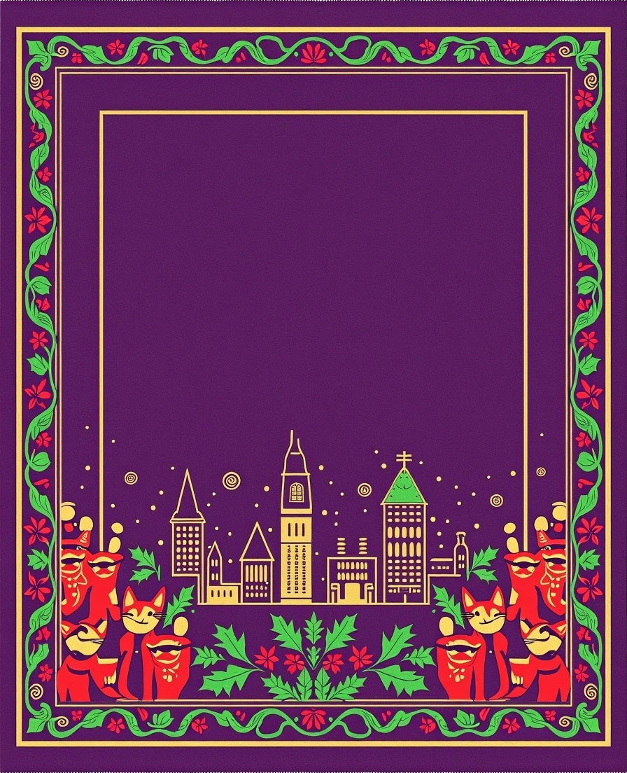 Purple Floral Whimsical Cityscape Cat Rug