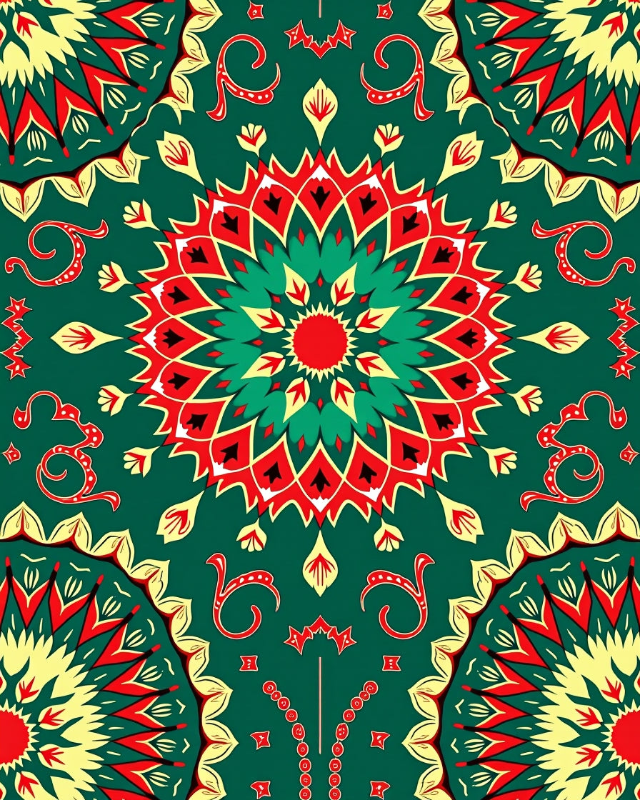 Emerald Crimson Yellow Medallion Mandala Rug