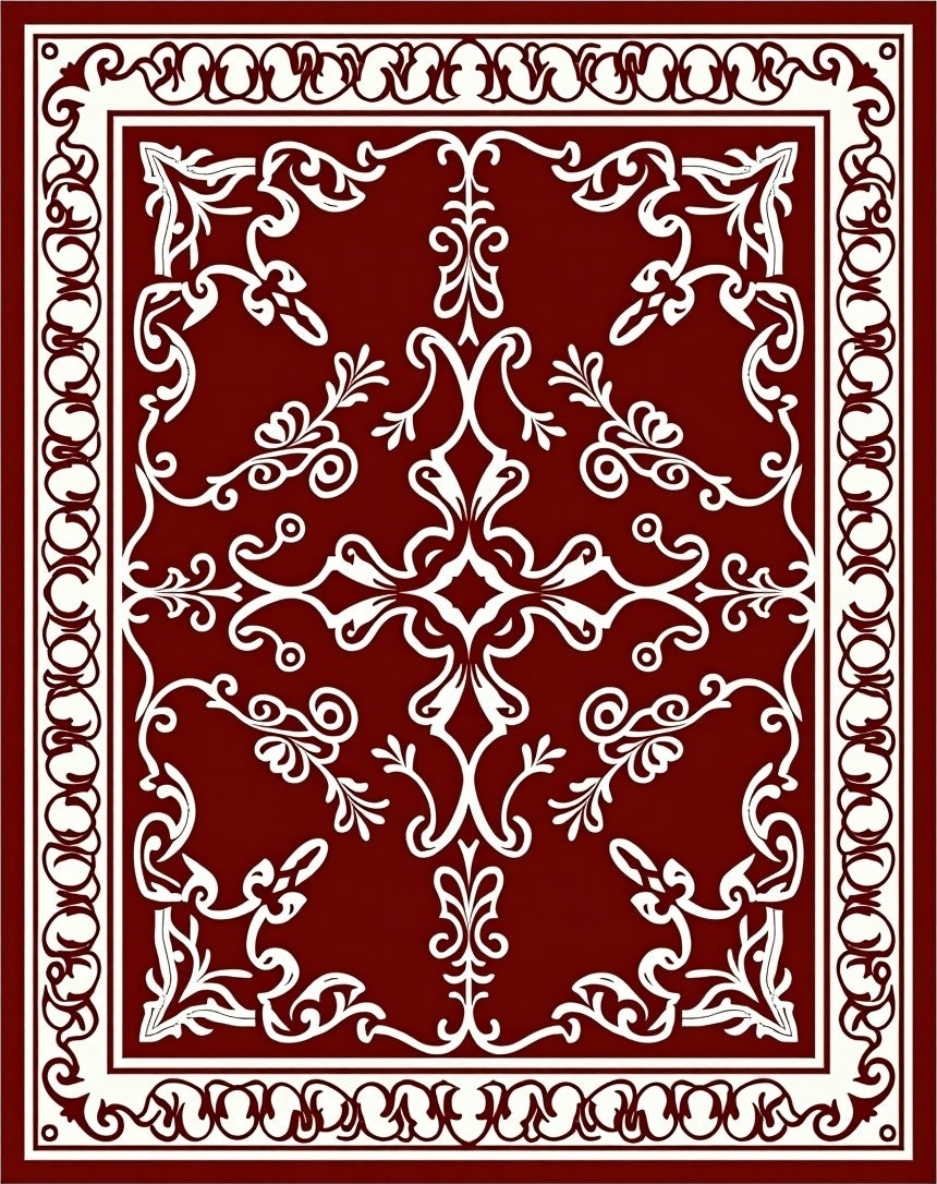 Deep Red White Floral Medallion Rug
