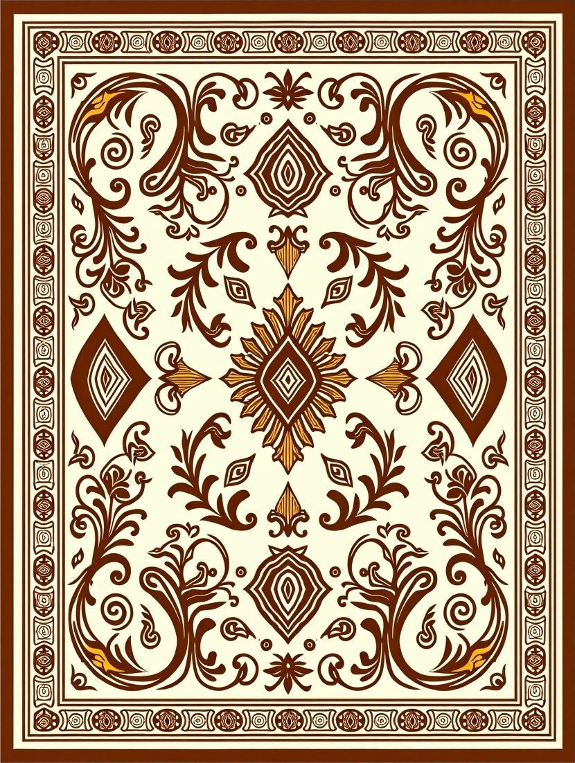 Vintage Brown Floral Medallion Scroll Rug