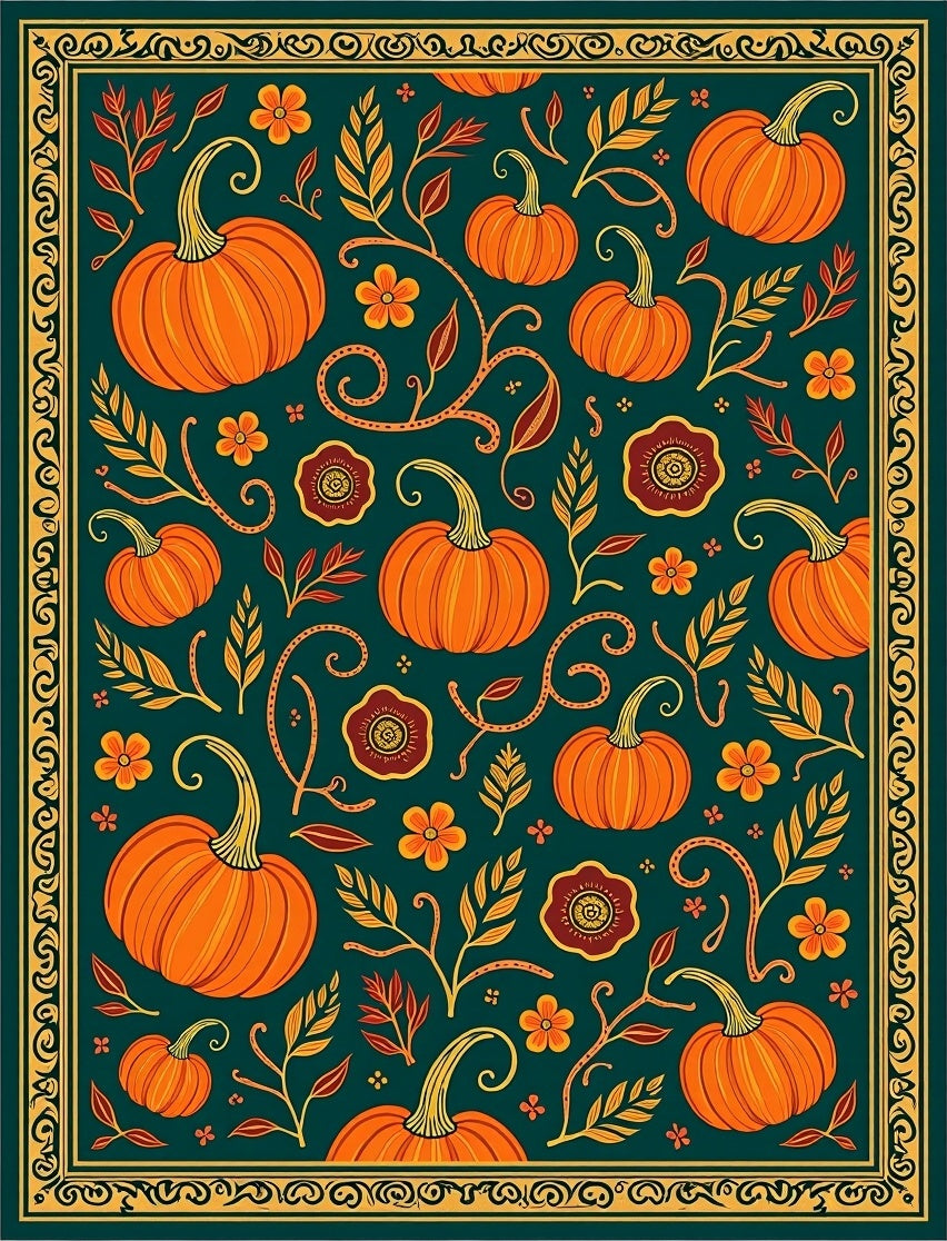 Autumn Harvest Pumpkin Floral Border Rug