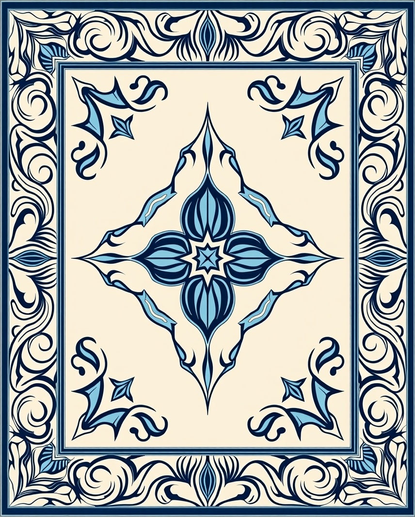 Navy Blue Antique Floral Medallion Tile Rug