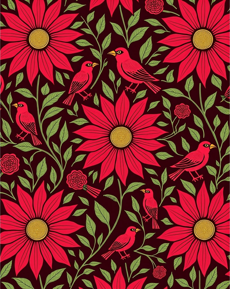 Crimson Birds Amidst Vibrant Floral Vines Rug