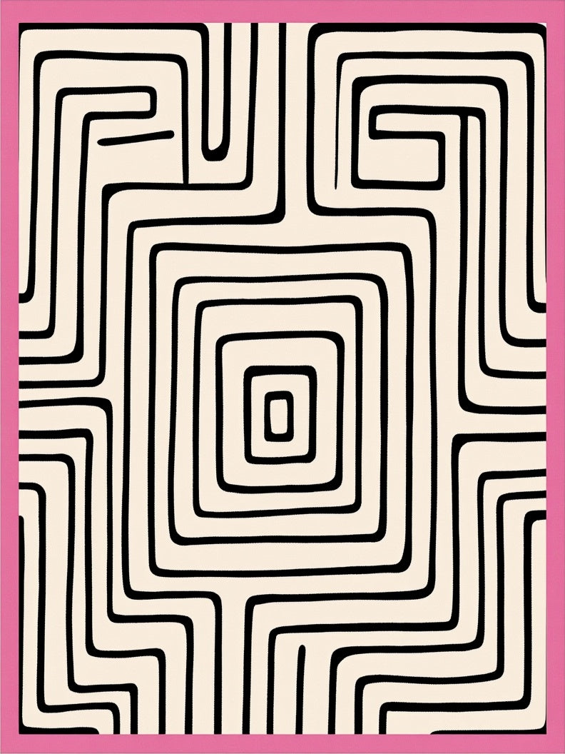 Abstract Black Cream Maze Lines Rug