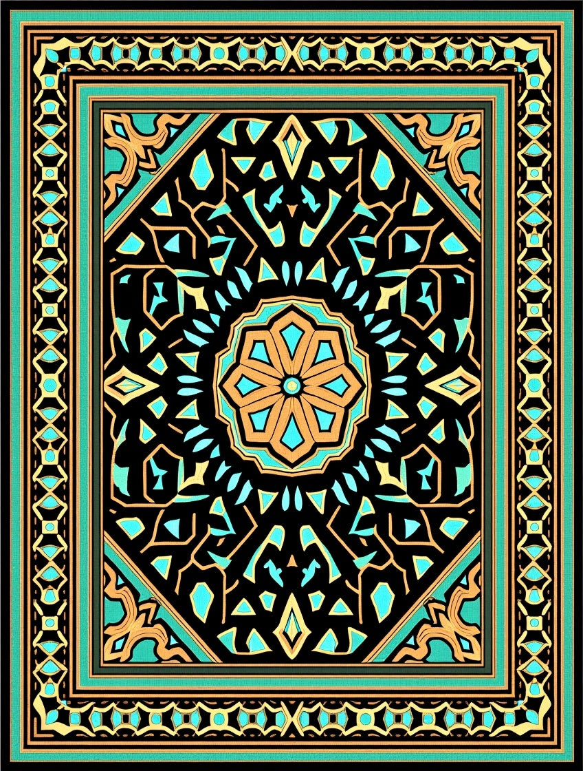 Ornate Black Teal Gold Geometric Medallion Rug