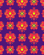 Vibrant Red Yellow Floral Medallions Rug