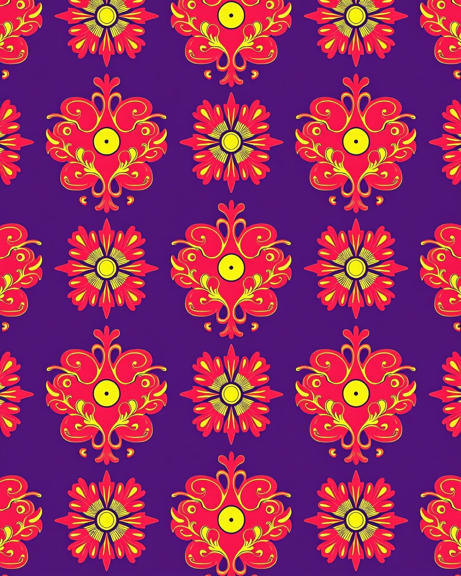 Vibrant Red Yellow Floral Medallions Rug