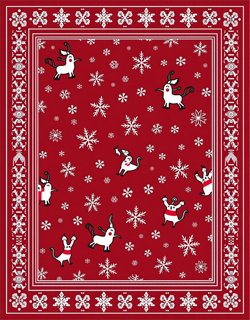 Crimson Snowflakes and Whimsical Creatures Rug