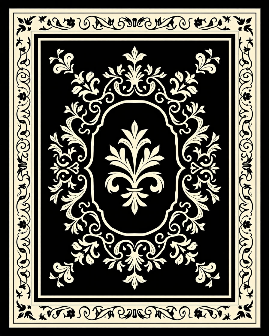 Ornate Black Cream Floral Oval Rug