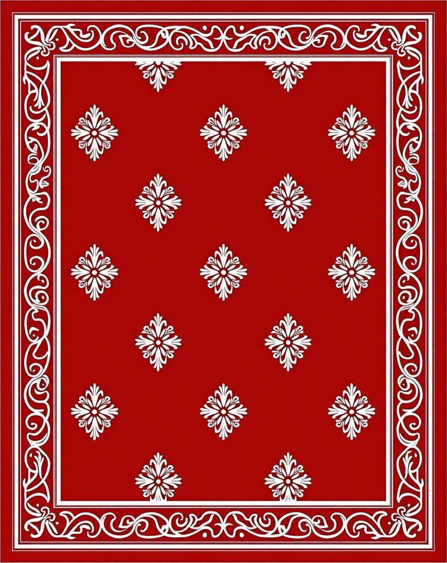Red White Floral Medallion Border Rug