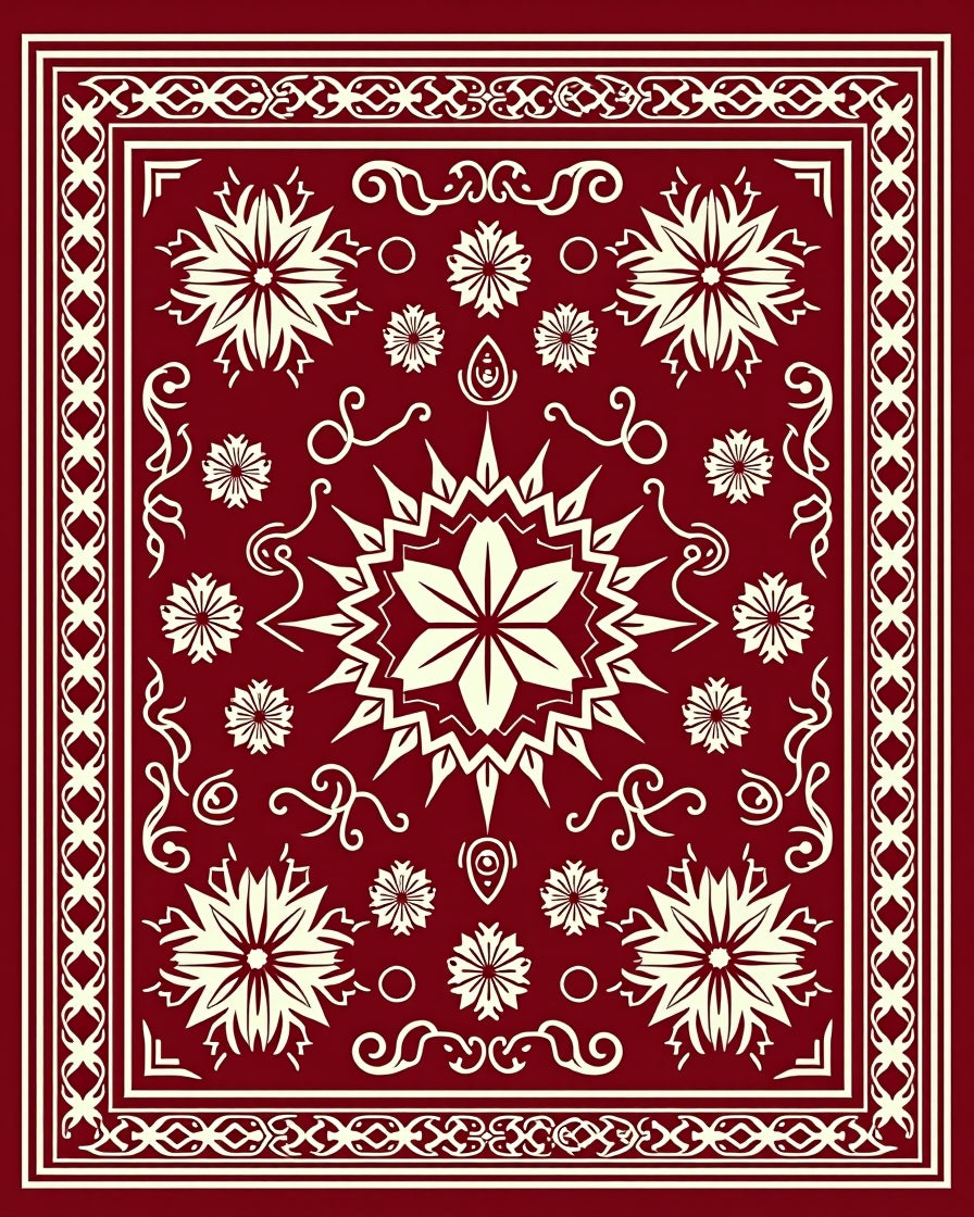 Deep Red Starburst Medallion Border Rug
