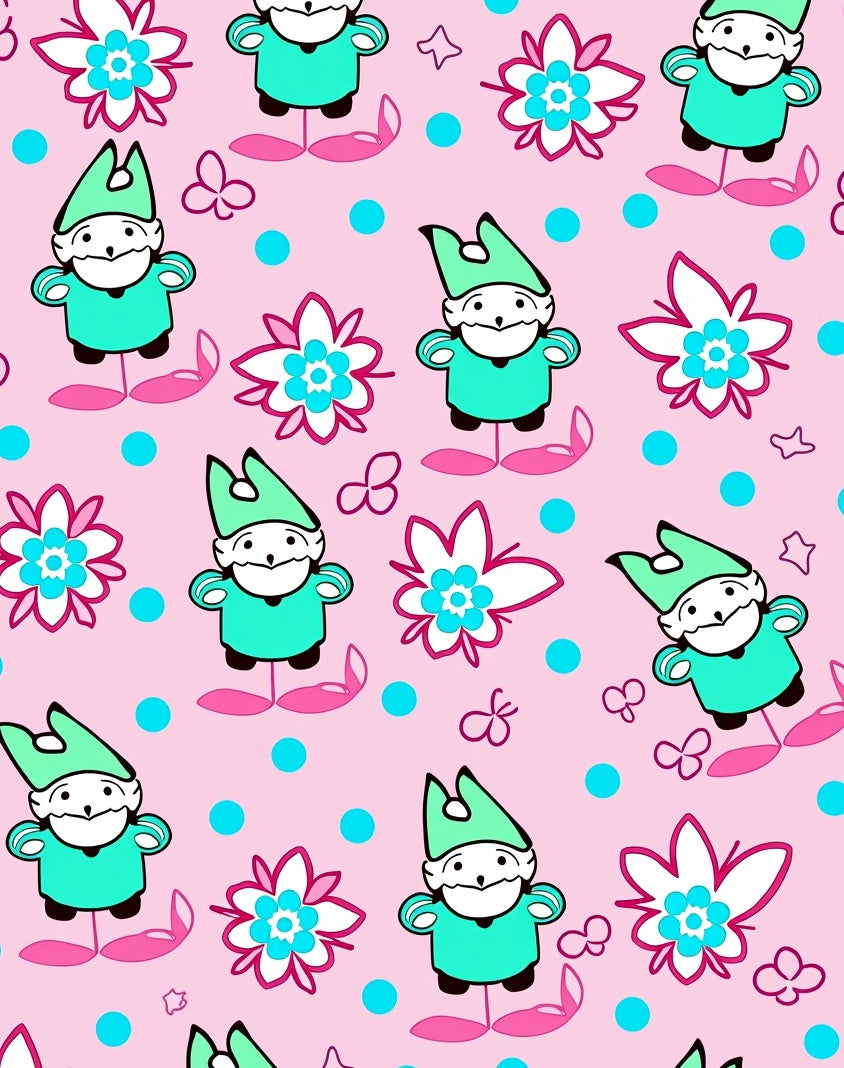 Pink Gnome Floral Whimsical Repeating Pattern Rug