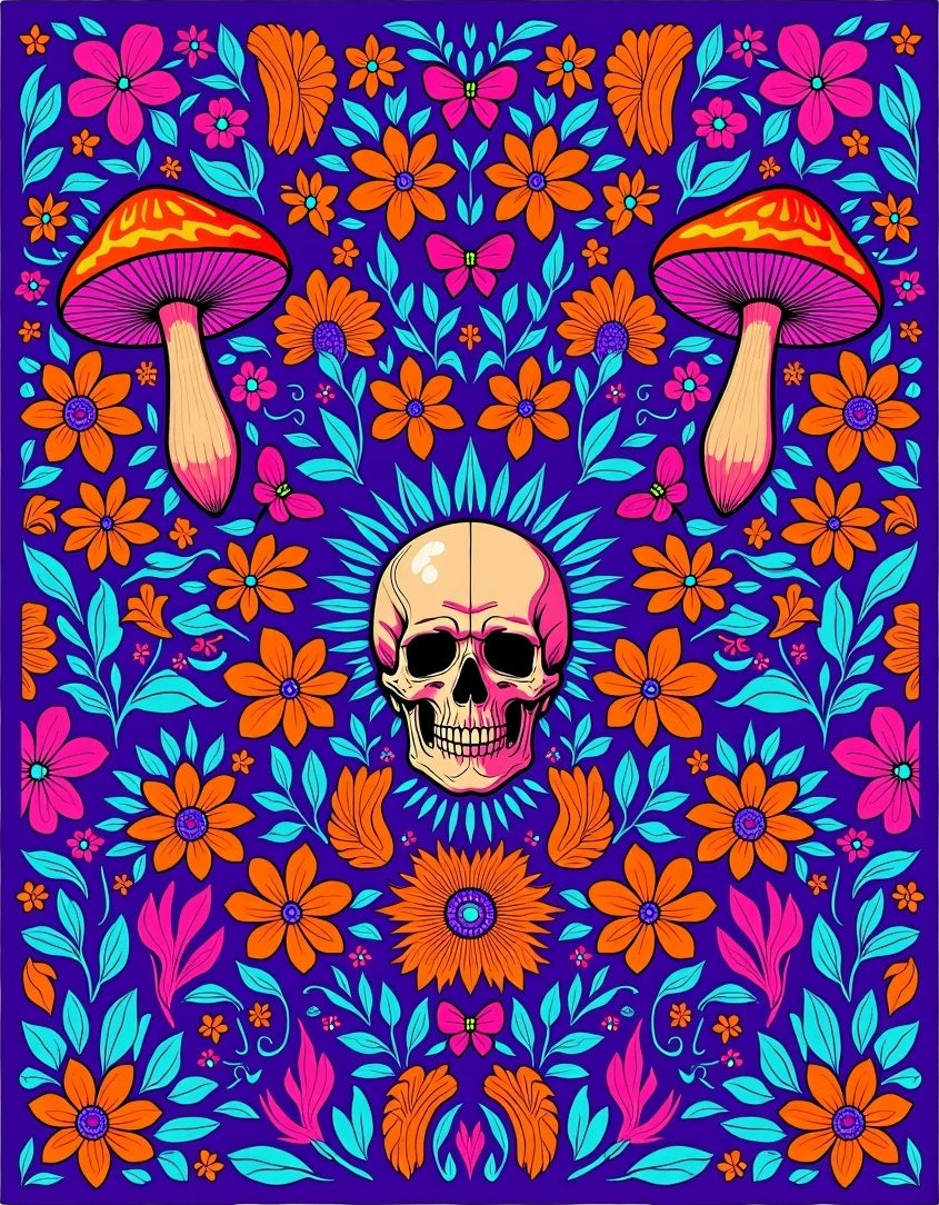 Psychedelic Skull Mushroom Floral Whimsy Rug