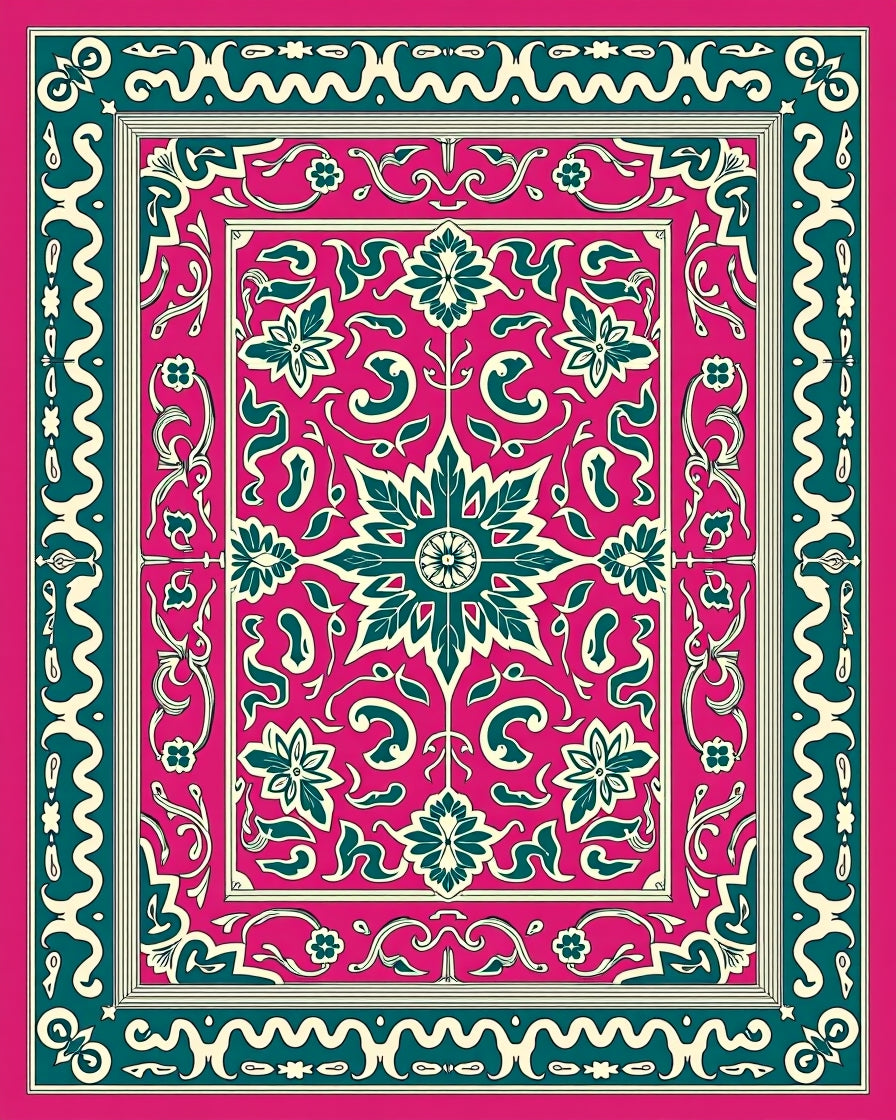 Rich Magenta Teal Floral Medallion Border Rug