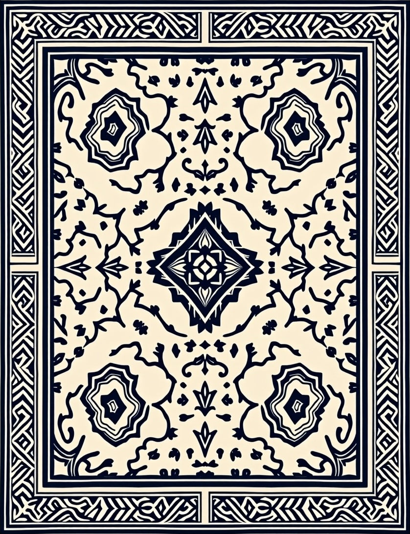 Cream and Navy Traditional Medallion Rectangular Rug
