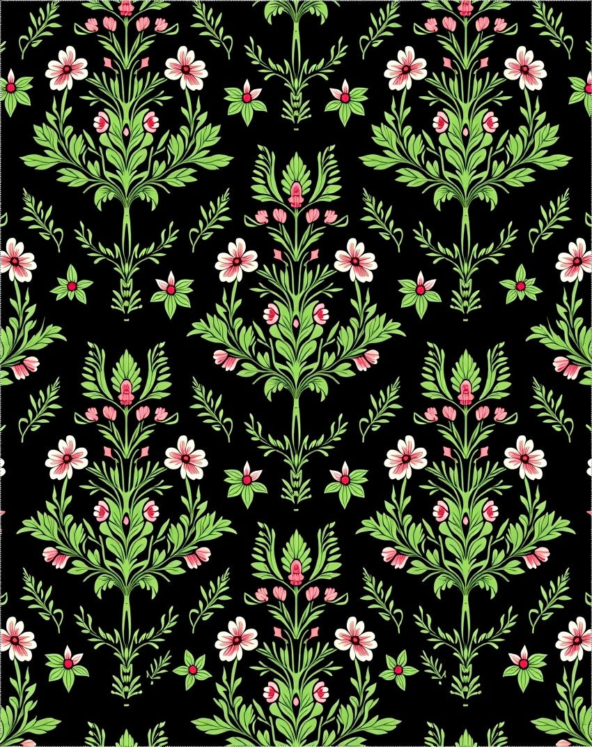 Pink Floral Emerald Vines Black Rug
