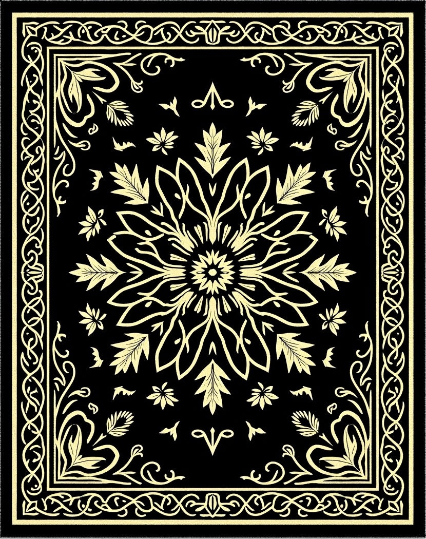 Black Cream Floral Medallion Border Rug