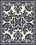 Dark Navy Cream Damask Scroll Rug