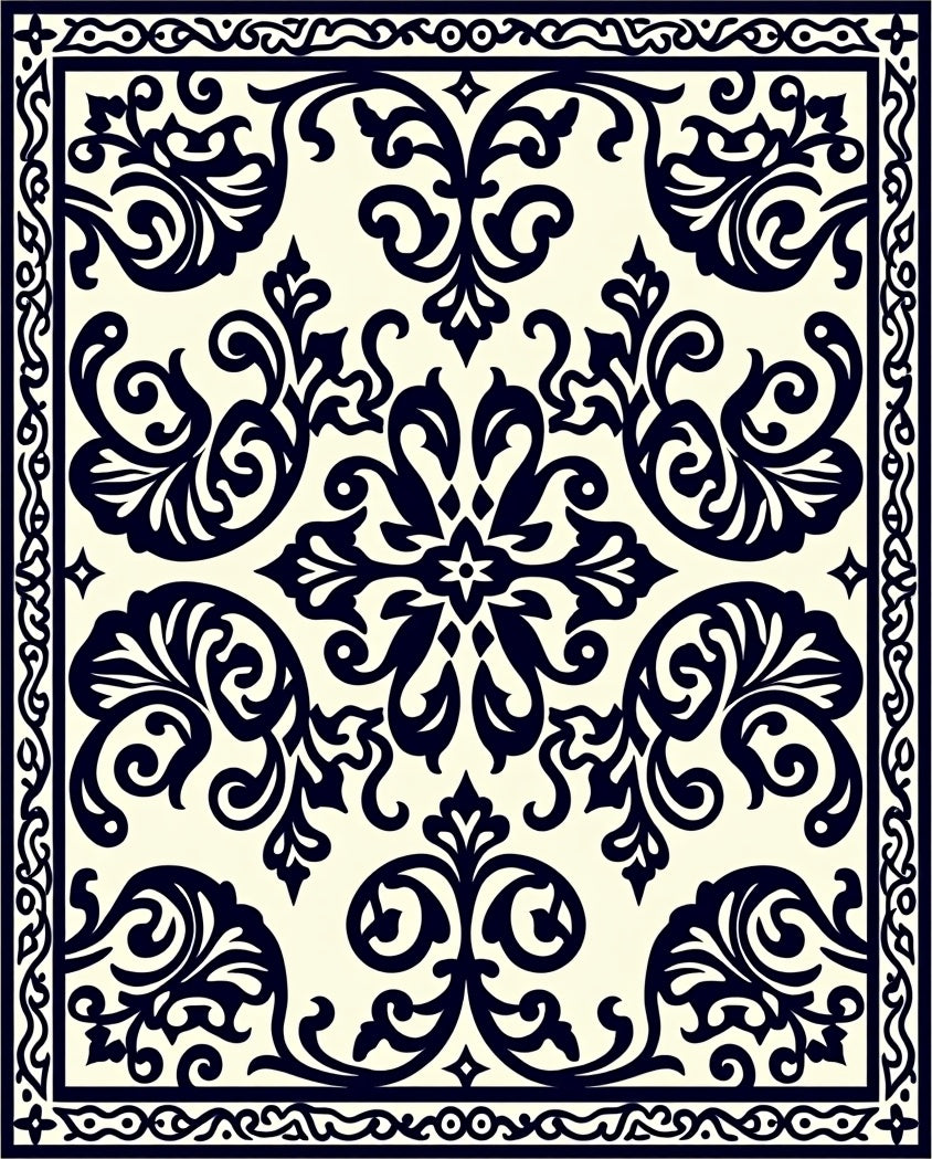 Dark Navy Cream Damask Scroll Rug