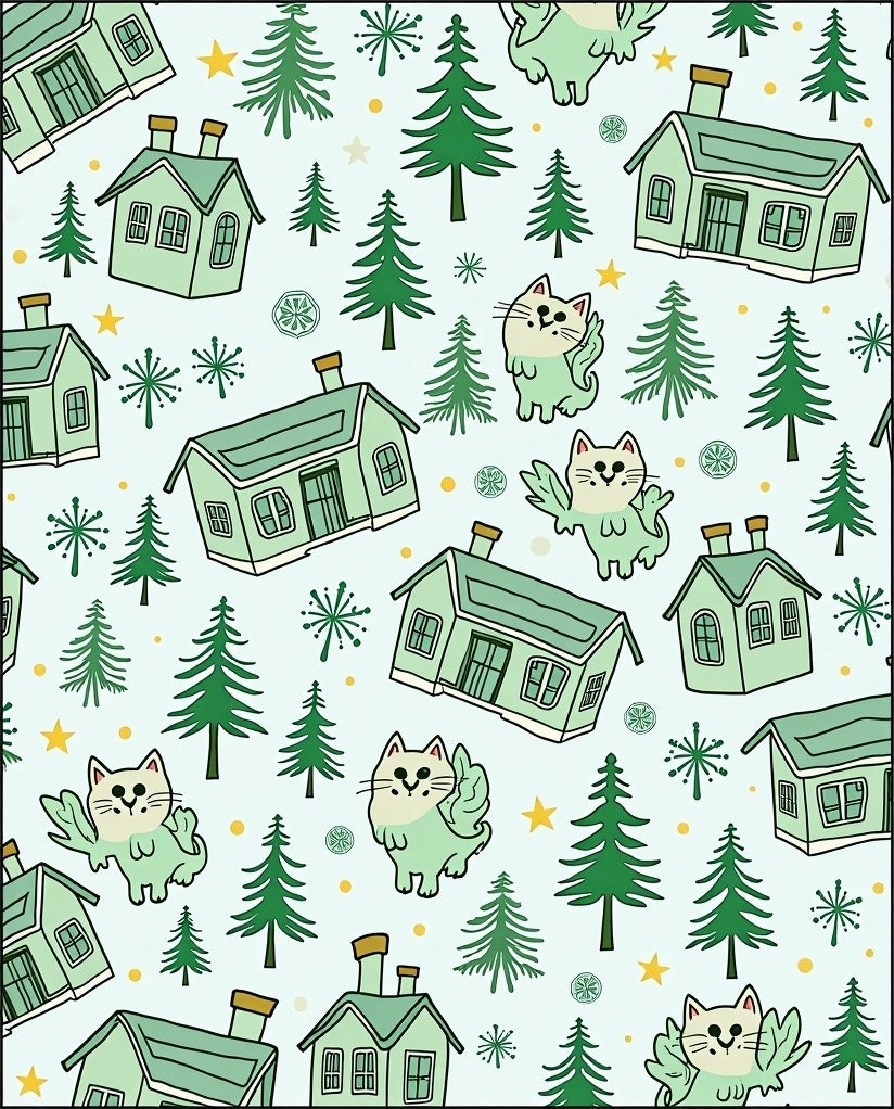 Whimsical Green Houses Flying Cats Woodland Rug