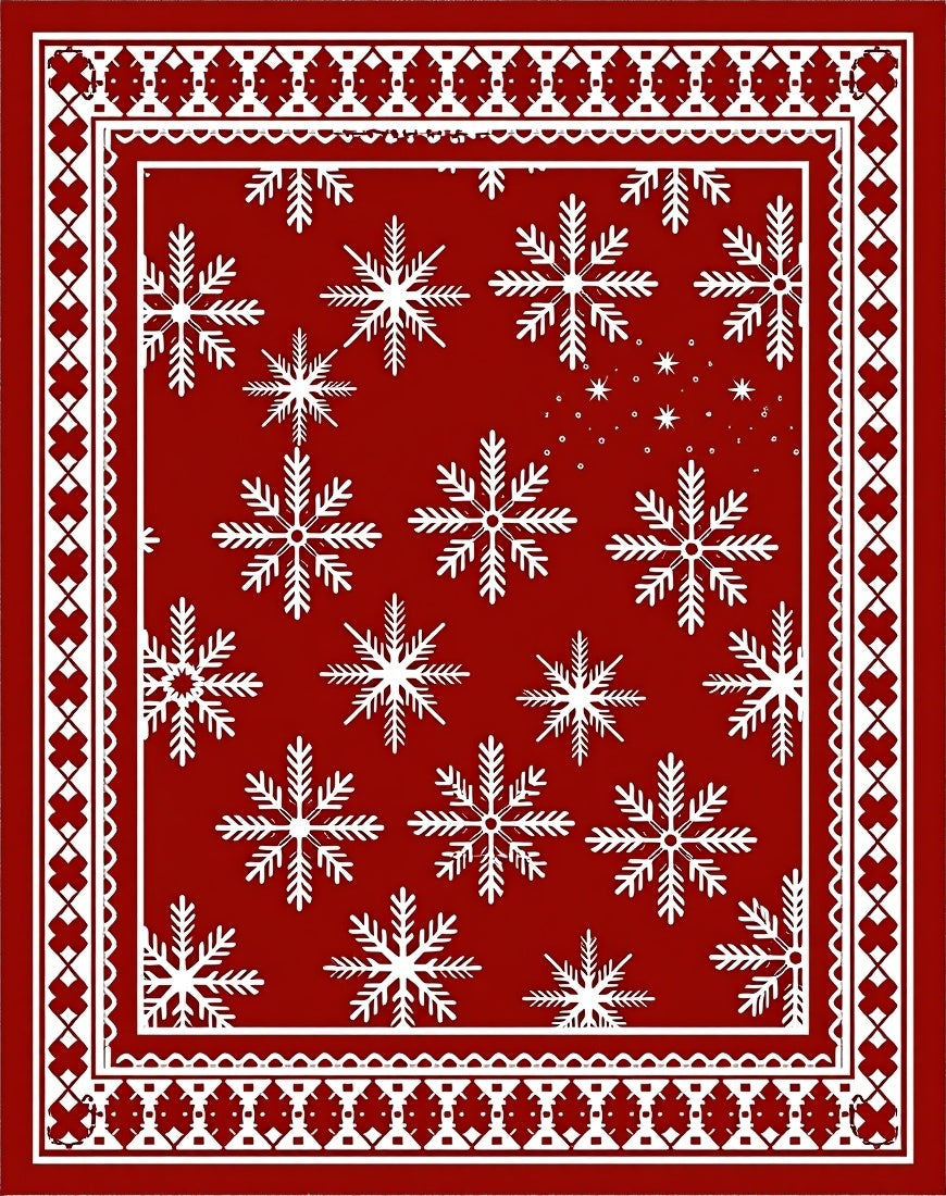 Red White Snowflake Winter Border Rug