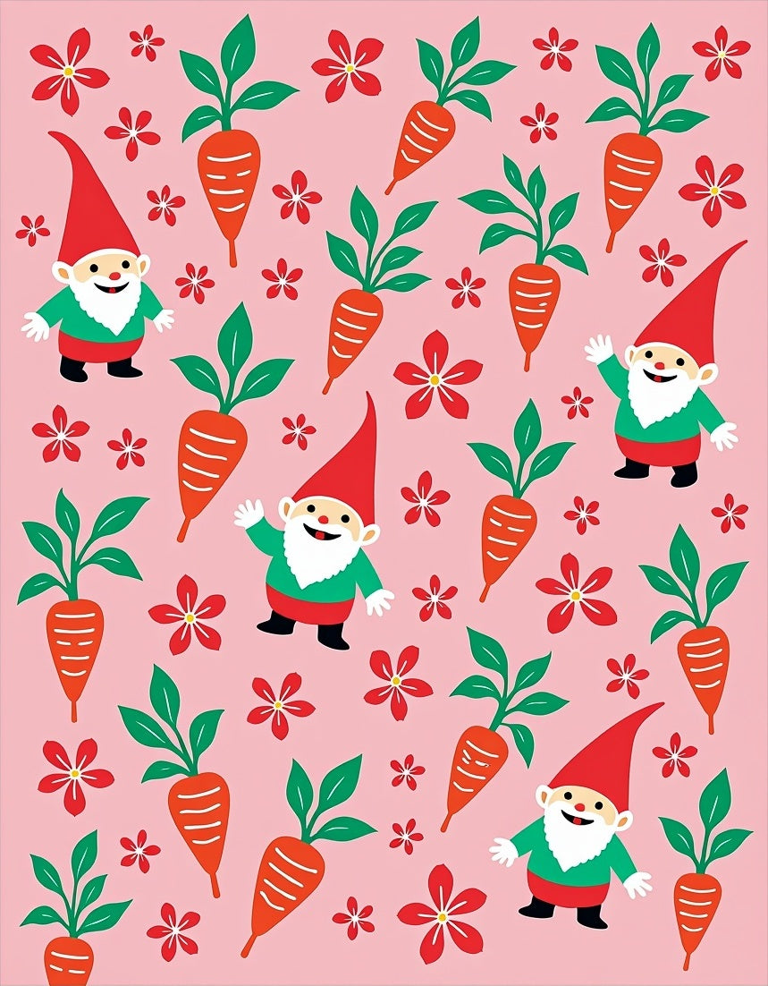 Whimsical Gnome Carrot Floral Pink Rug