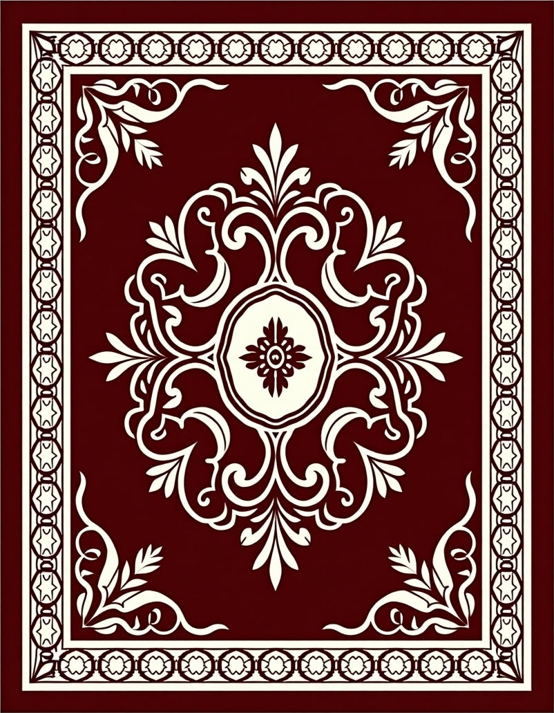 Deep Red Cream Ornamental Medallion Border Rug