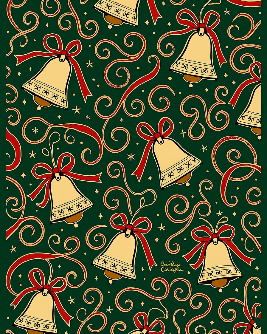 Festive Gold Bells Red Ribbons Swirls Rug