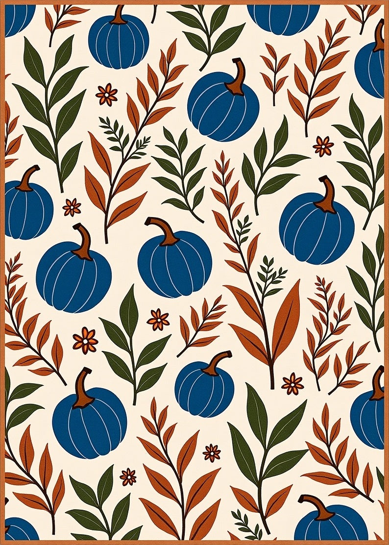 Cobalt Blue Pumpkin Autumn Floral Vine Rug