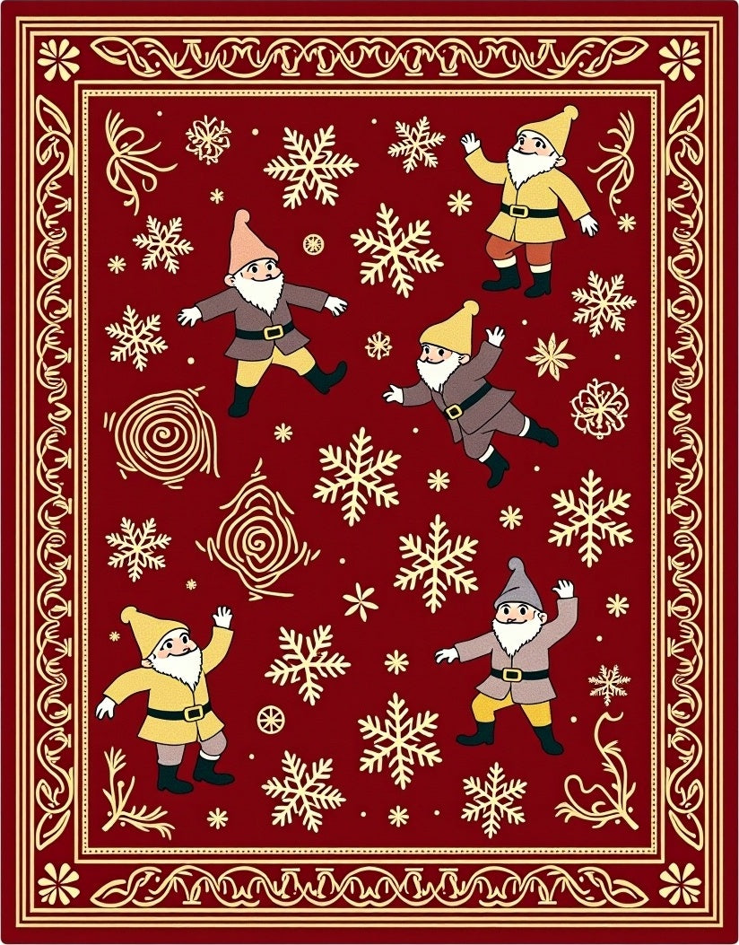 Red Golden Gnome Snowflake Festive Rug