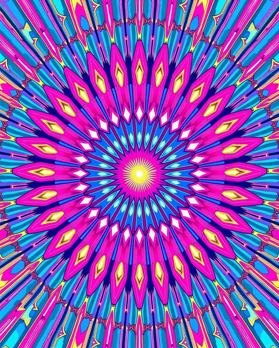 Vibrant Teal Pink Sunburst Mandala Rug