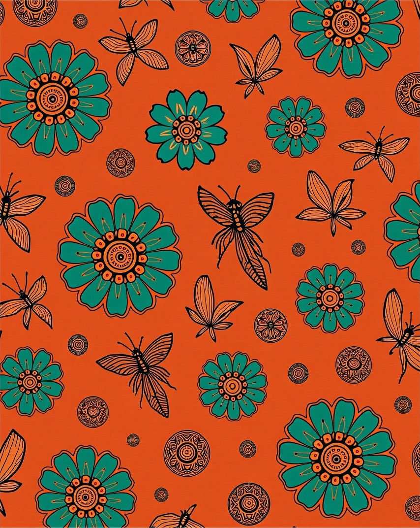 Orange Teal Floral Butterfly Medallion Rug