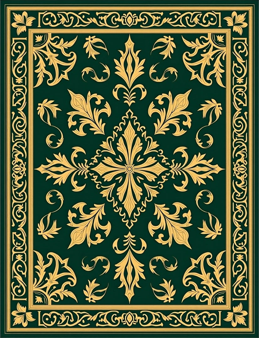Golden Ornate Floral Border Emerald Rug