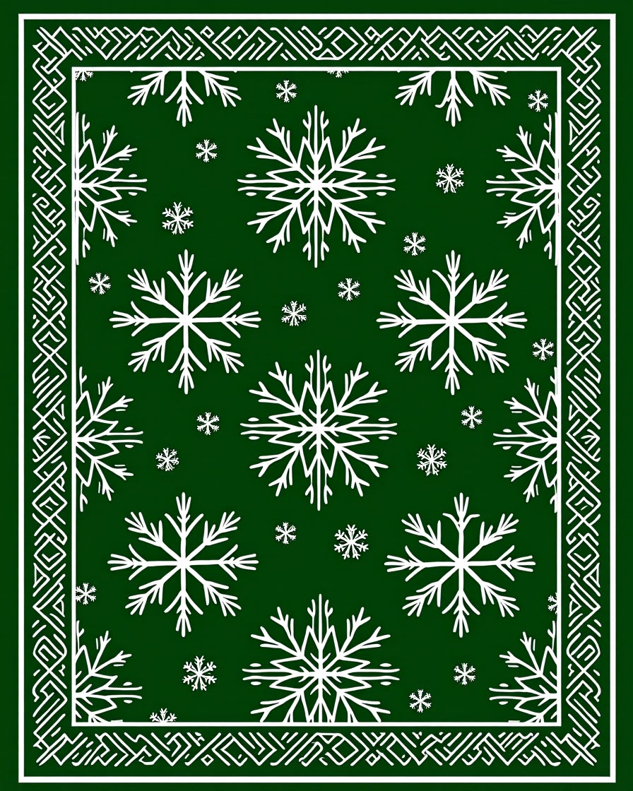 Green White Snowflake Winter Border Rug