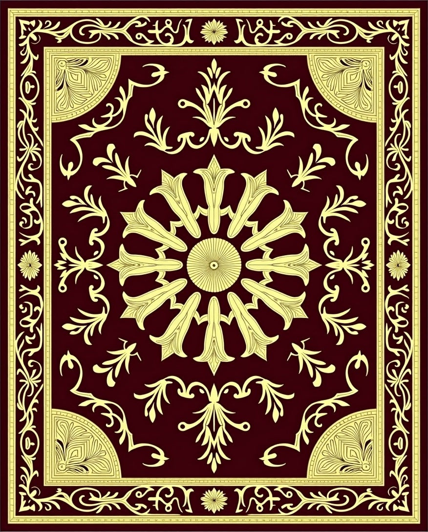 Regal Crimson Golden Floral Border Rug