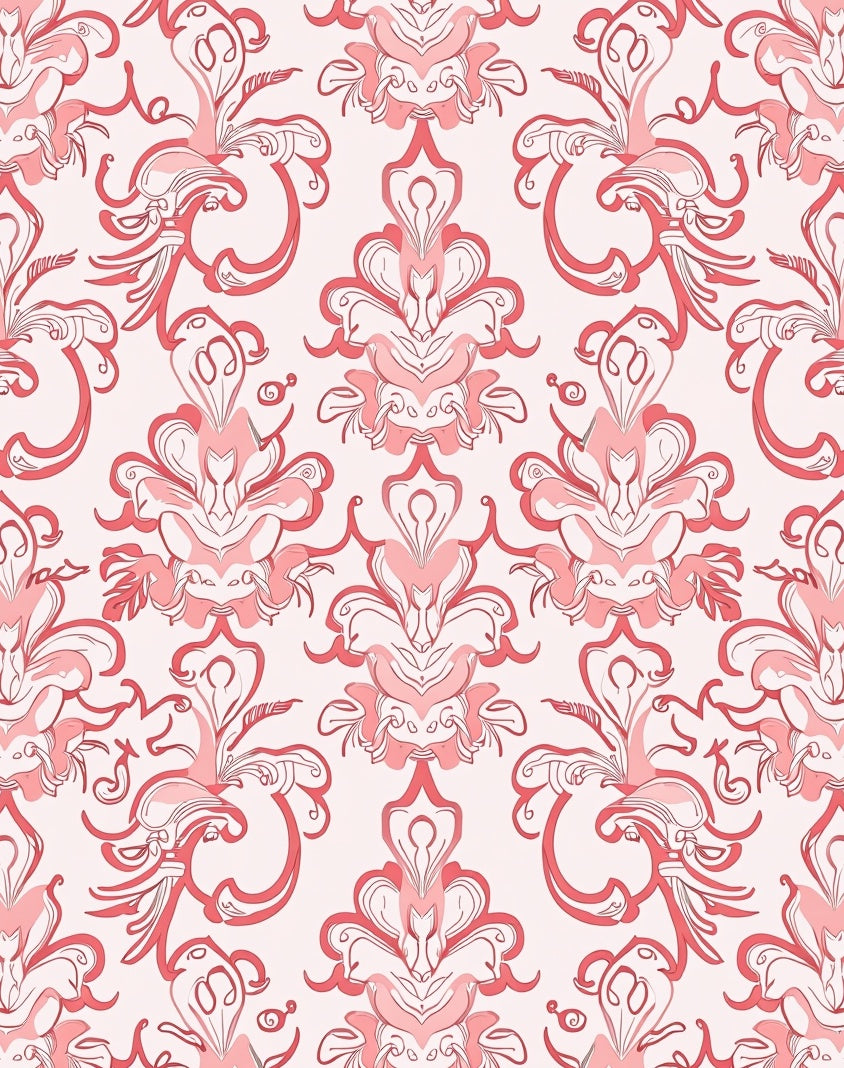 Coral Pink Abstract Floral Scroll Rug