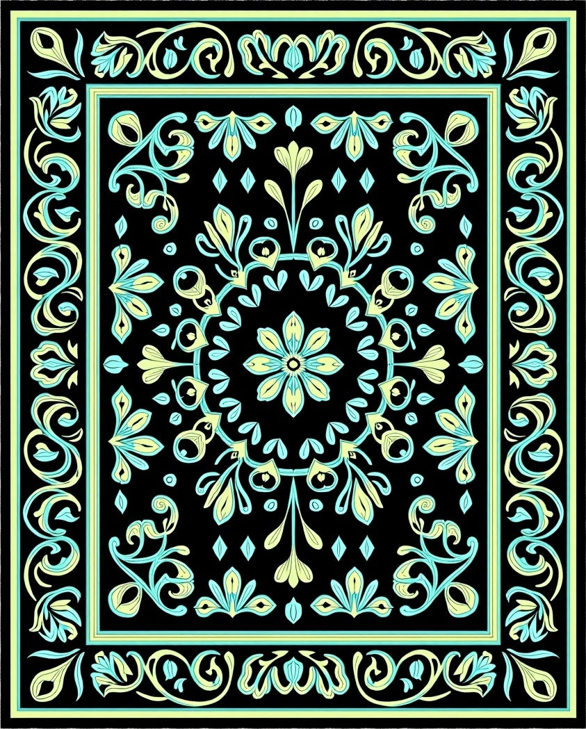Black Floral Medallion Aqua Yellow Contrast Rug