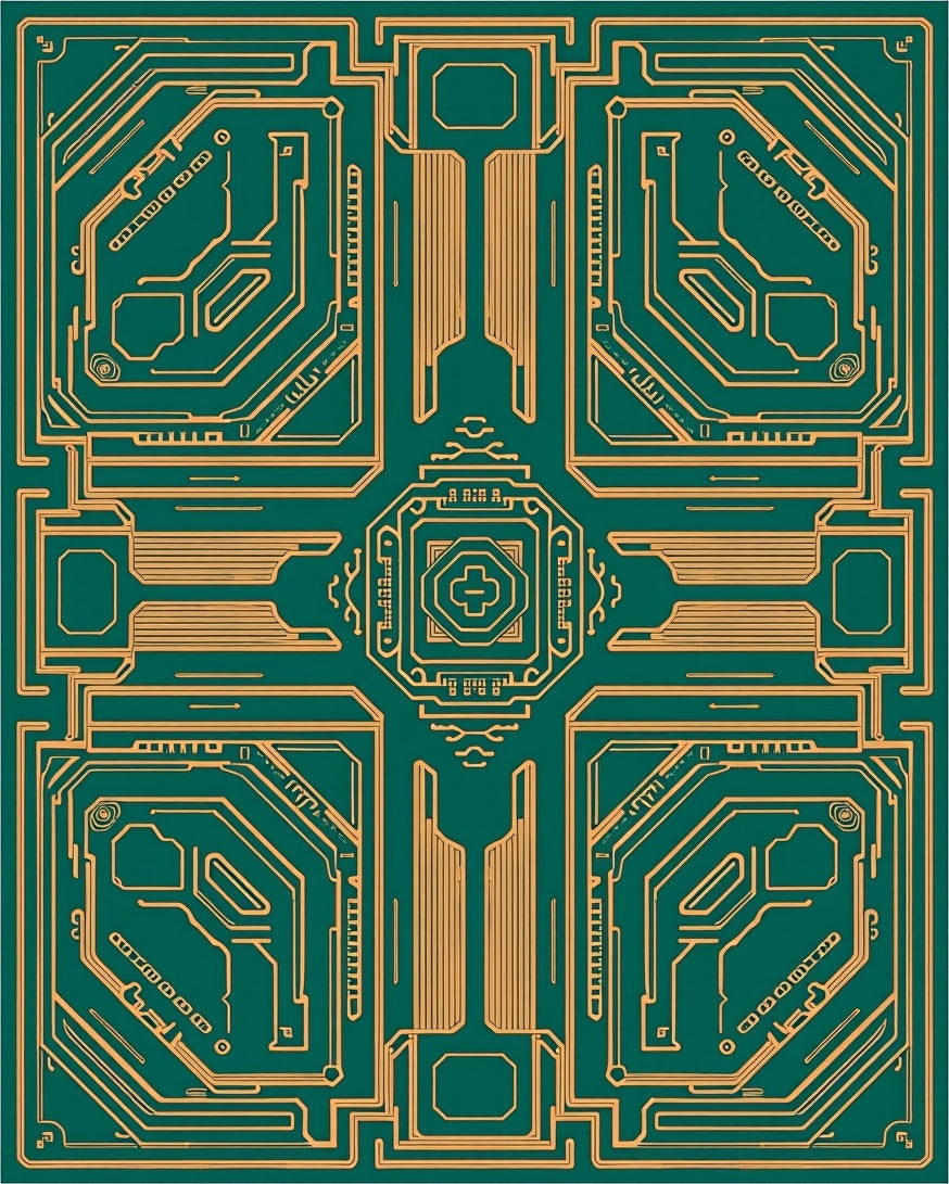 Gold Geometric Circuit Board Emerald Rug