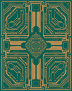 Gold Geometric Circuit Board Emerald Rug