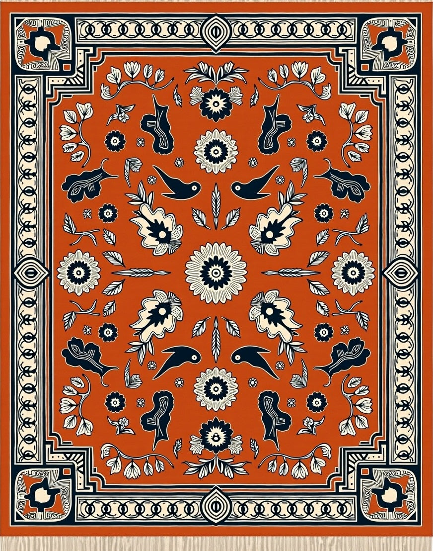 Terracotta Midnight Floral Bird Medallion Rug